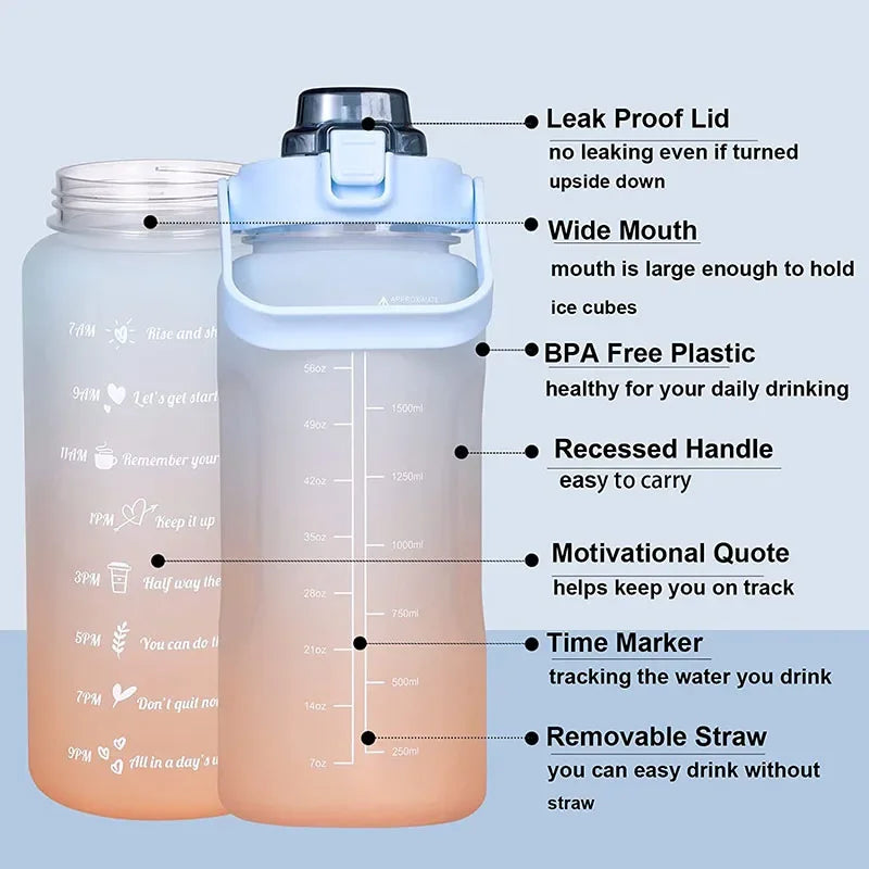 2 Liter Large Capacity Sports Water Bottle Leak Proof Colorful Plastic Cup Drinking Outdoor Travel Portable Gym Fitness Jugs