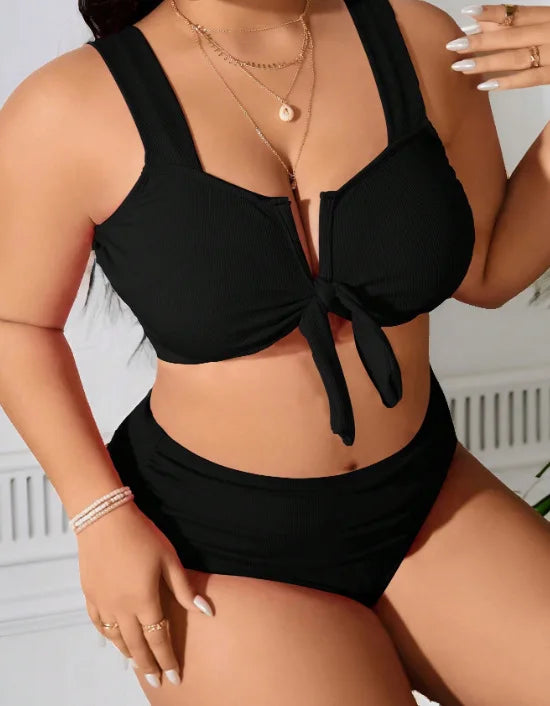 Women's Swimsuit 2025 Plus Size Ribbed Bikinis Sets Two Piece High Waist Black Tummy Control Bathing Suit Swimwear