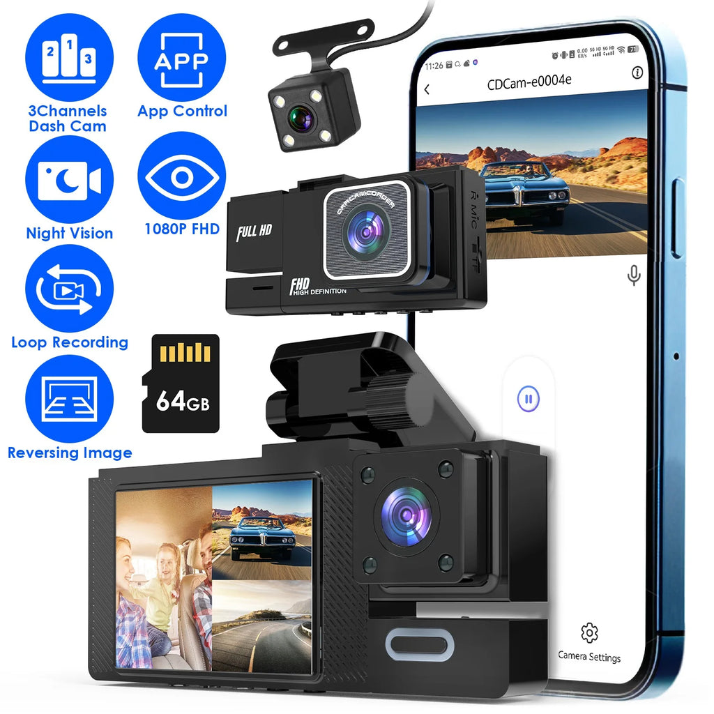 1Pc WiFi FHD 1080P Car Dash Cam 3 Channels Front Rear Inside Dash Camera With Loop Recording Reversing Image Night Vision