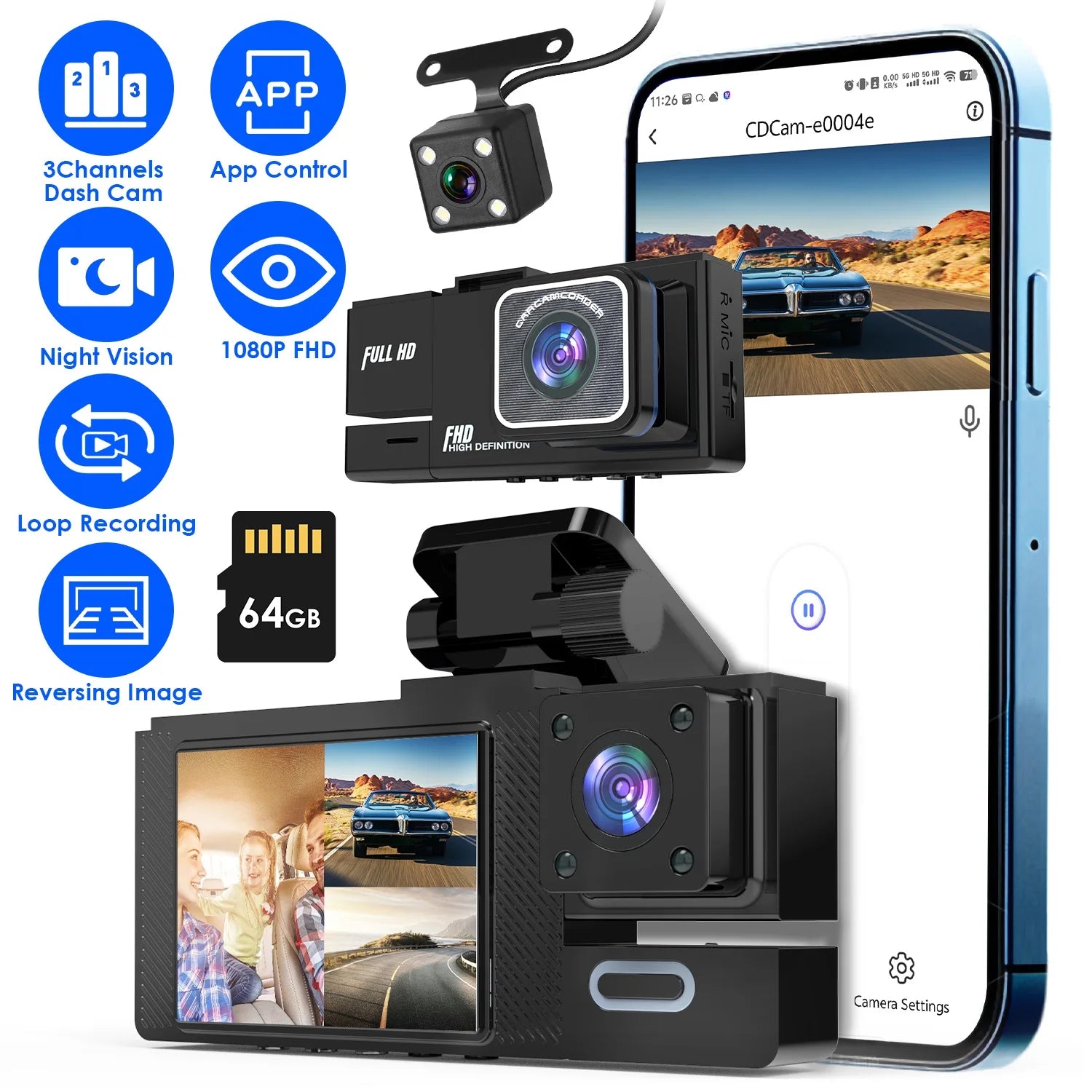 1Pc WiFi FHD 1080P Car Dash Cam 3 Channels Front Rear Inside Dash Camera With Loop Recording Reversing Image Night Vision