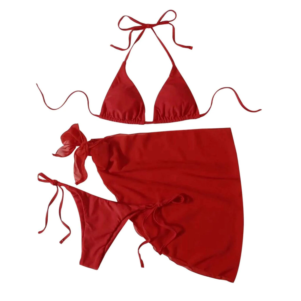 Women'S Solid Halter Backless Bikinis Set Sexy Triangle Cup Lace Up Bikini Top With Bottoms Swimsuit Cover Up 3 Piece Swimsuit