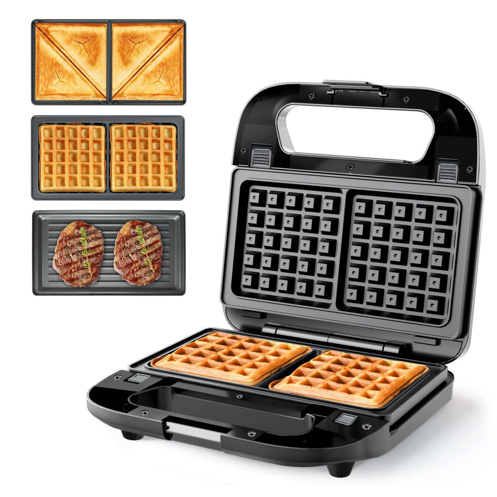 3-in-1 Sandwich Maker, Panini Press & Waffle Iron - Indoor & Outdoor Electric Grill with Removable Non-Stick Plates, 750W