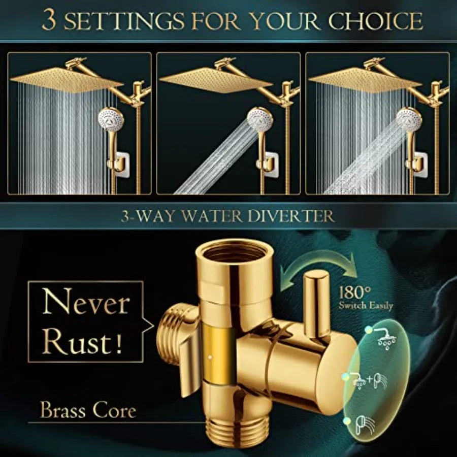 12'' Rain Shower Head with 11'' Adjustable Extension Arm and 5 Settings High Pressure Handheld Shower Head Combo Powerful Showe