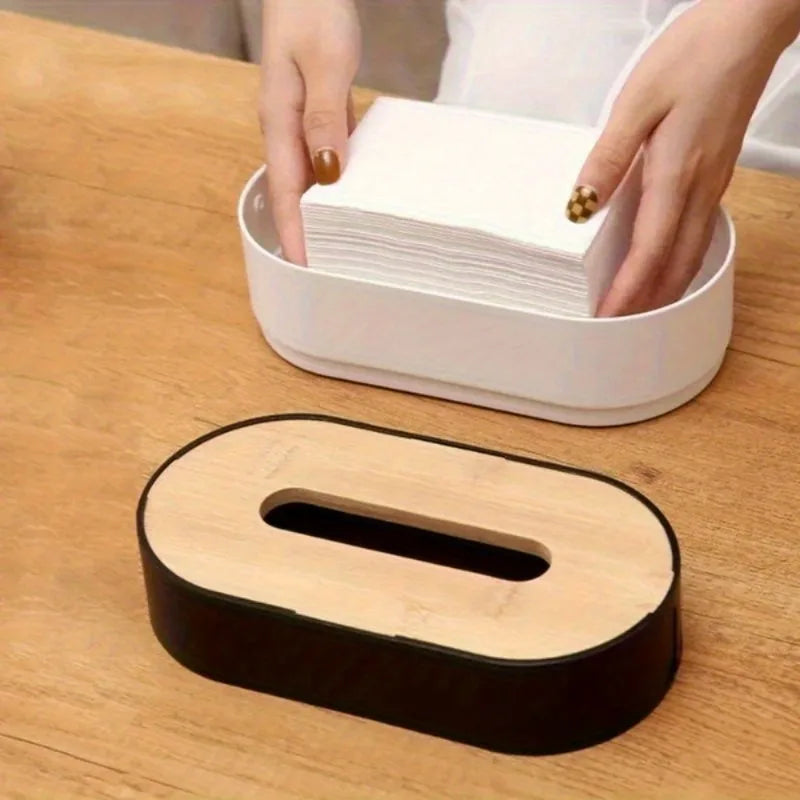 Tissue Box with Bamboo Cover – Napkin Holder & Home Storage Organizer for Toilet, Bathroom, Bedroom, and Office
