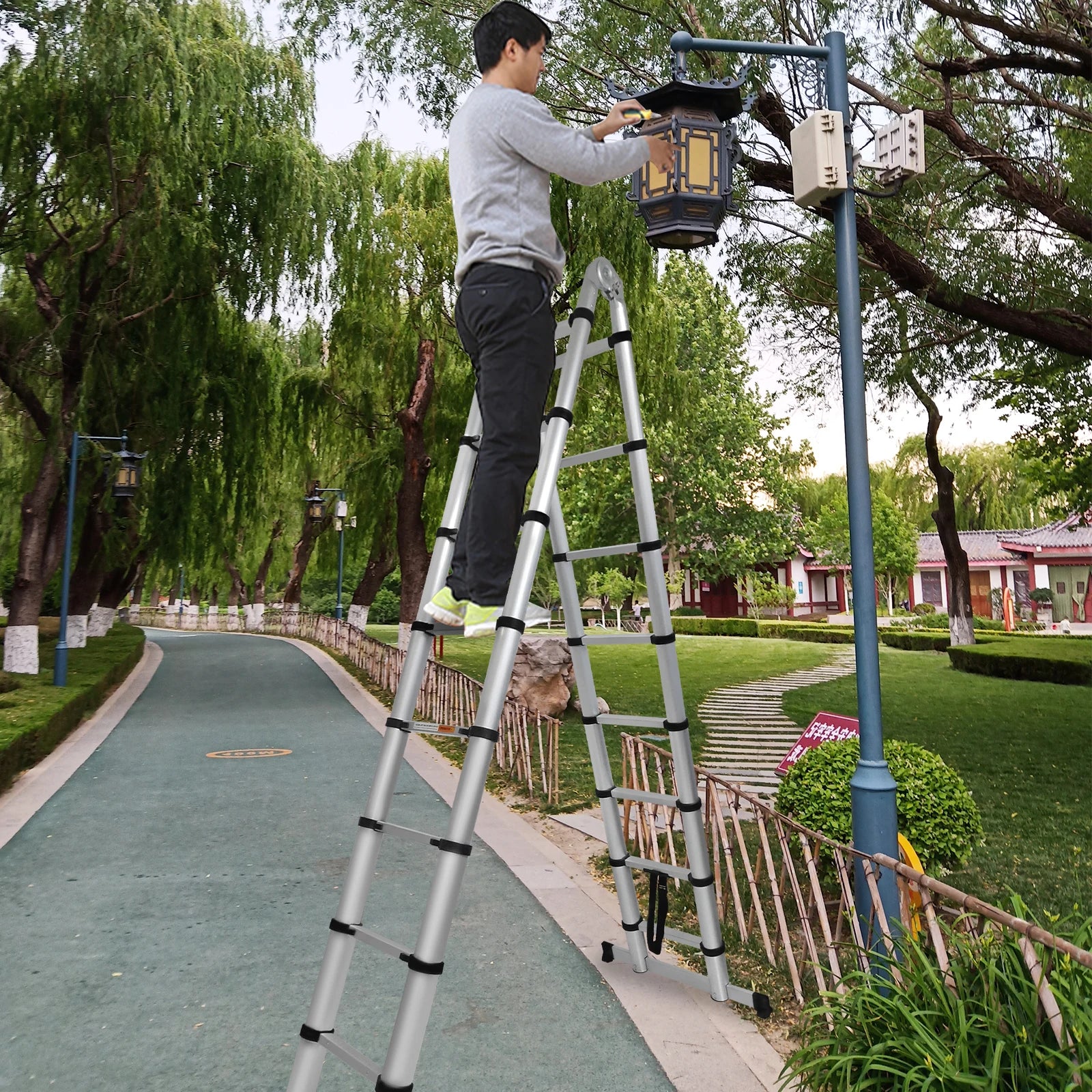 3.8M/5M Aluminium  Telescopic Ladder ,Heavy Duty Multi-Purpose A-Frame Sturdy Folding Ladder ,No-slip,150kg Load Capacity
