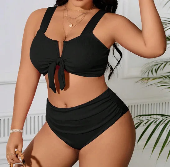 Women's Swimsuit 2025 Plus Size Ribbed Bikinis Sets Two Piece High Waist Black Tummy Control Bathing Suit Swimwear