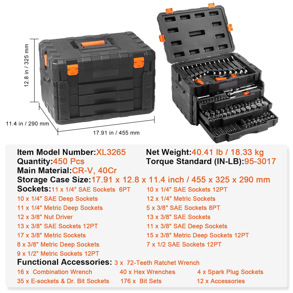 SucceBuy Mechanics Tool Set and Socket Set 1/4" 3/8" 1/2" Drive Deep Standard Sockets 450 Pcs SAE and Metric Mechanic Tool Kit