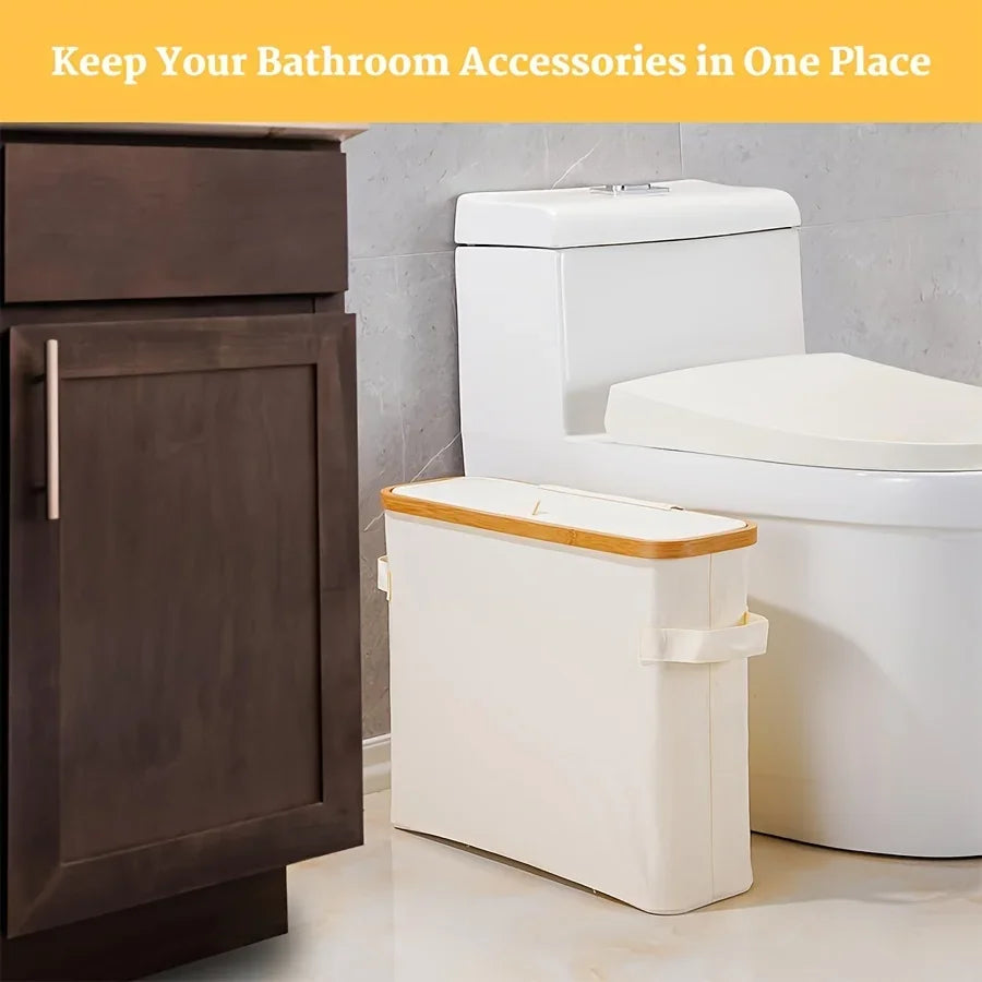 Bamboo toilet paper holder with lid - Self-contained bathroom organizer with handle, enclosed tissue storage box