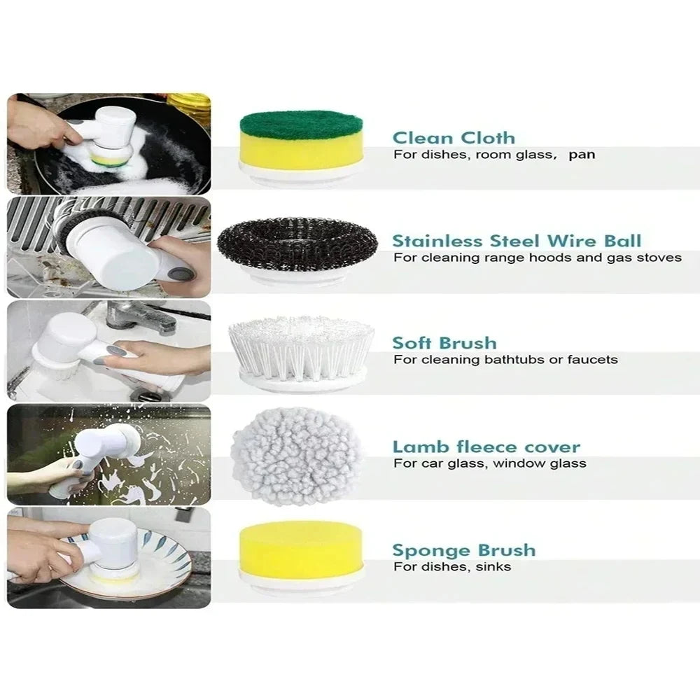 Cordless Electric Spin Scrubber with 5 Replaceable Brush Heads USB Rechargeable Waterproof Power Cleaning Brush Multi-purpose De