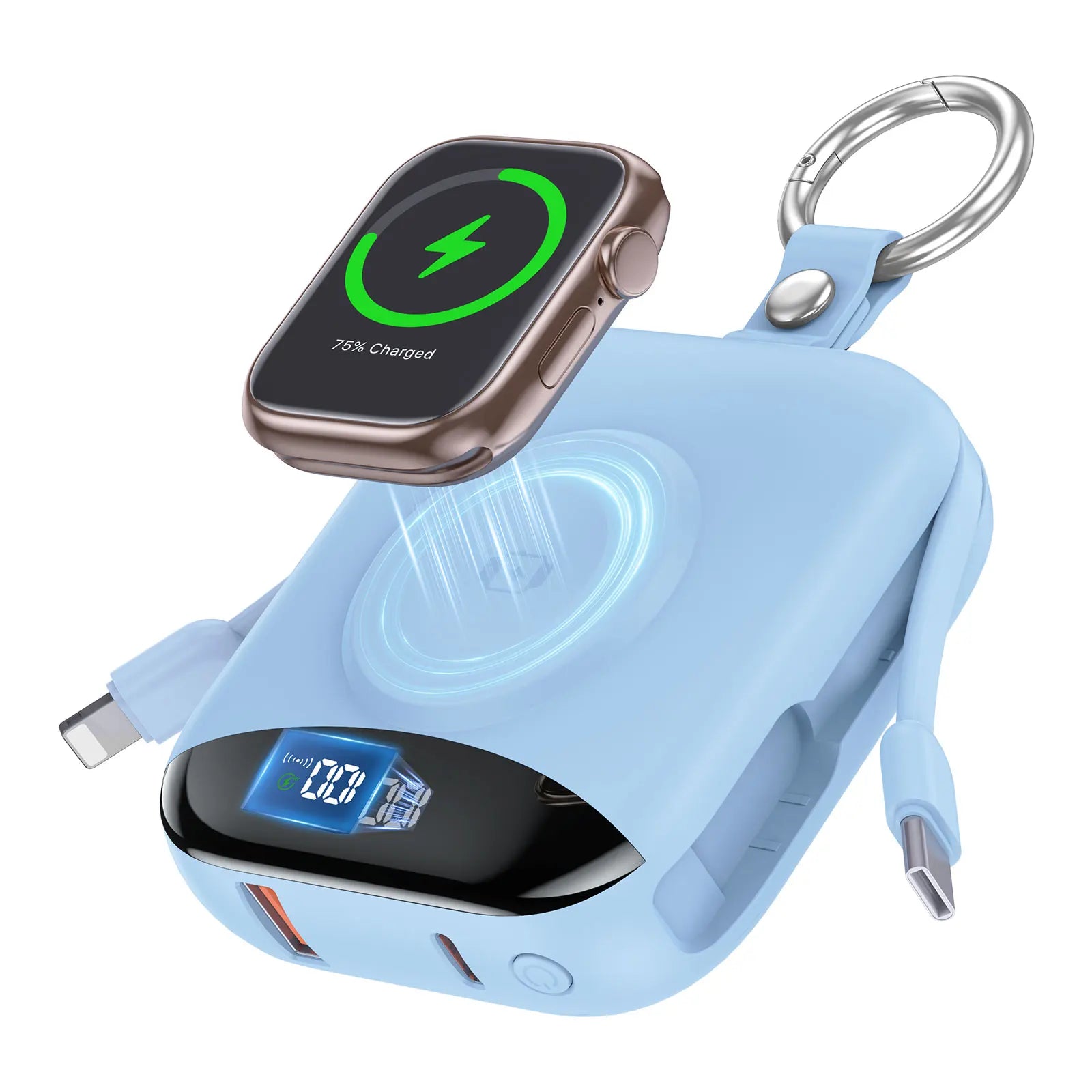 10000mAh 22.5W Fast Charging Power Bank with Built-in Cables, 4-in-1 Portable Charger with LED Display & Keychain for iWatch
