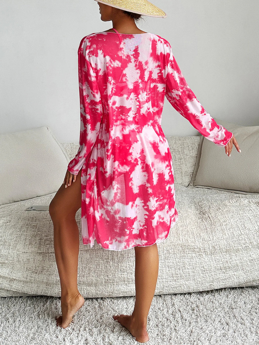 Bikini three piece printed belly covering long sleeved cover shirt tie dye swimsuit women's hot spring belly covering