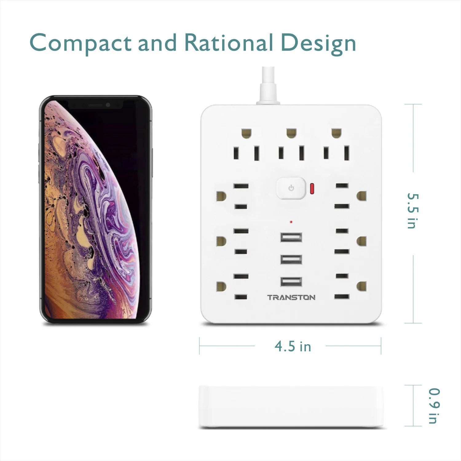 power strip Power Outlet with Surge Protector, 9 ac, 3 USB Ports, 5-Foot Extension Cord, Quick Charge, for Home and Office