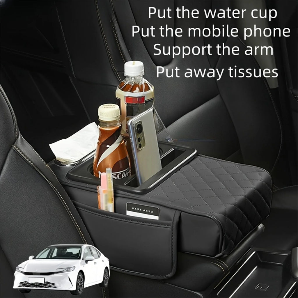 Car Armrest Cushion Extender with Cup Holder and Tissue Box Multifunctional Storage for Most Vehicles Black Grey Brown Red