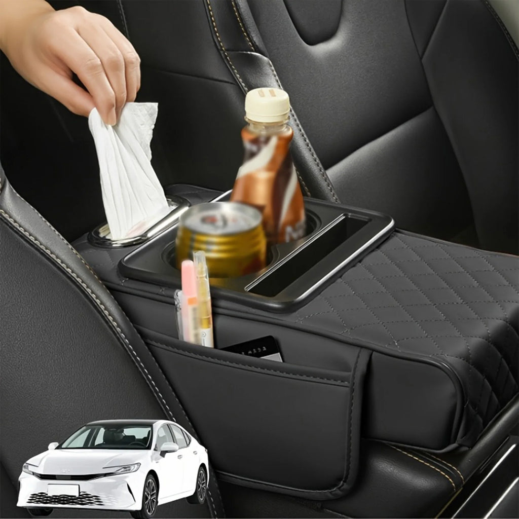 Car Armrest Cushion Extender with Cup Holder and Tissue Box Multifunctional Storage for Most Vehicles Black Grey Brown Red