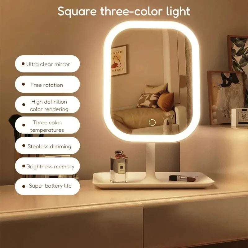 3 Colors LED Makeup Mirror with Light Dimmable Portable Desktop Mirror for Student Dorm Home Travel Gift