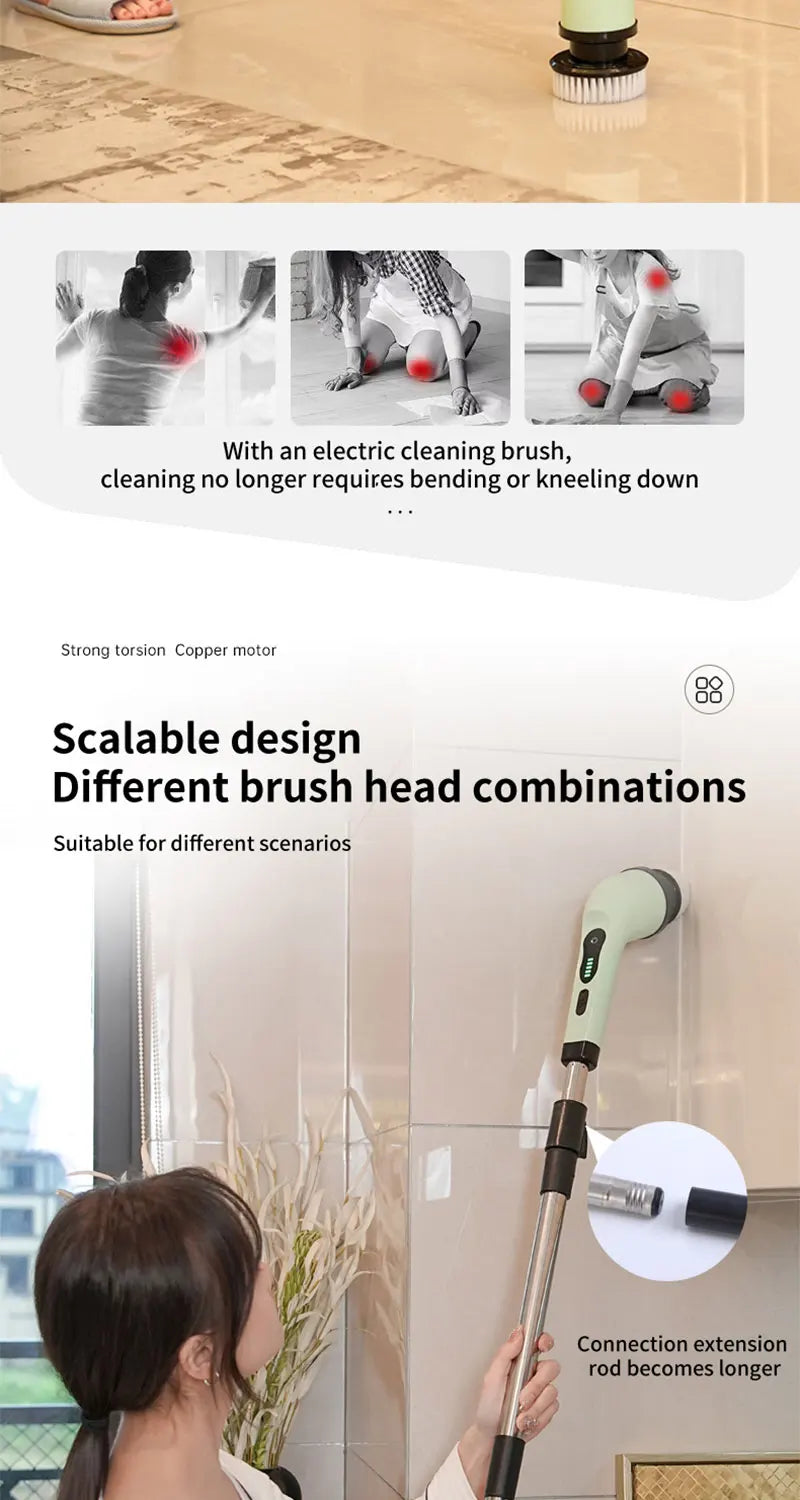 9-in-1 Electric Rotating Cleaning Brush, Wireless Shower Scrubber with Replaceable Heads and Adjustable Telescopic Handle