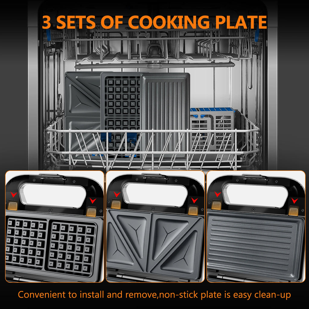 3-in-1 Sandwich Maker, Panini Press & Waffle Iron - Indoor & Outdoor Electric Grill with Removable Non-Stick Plates, 750W