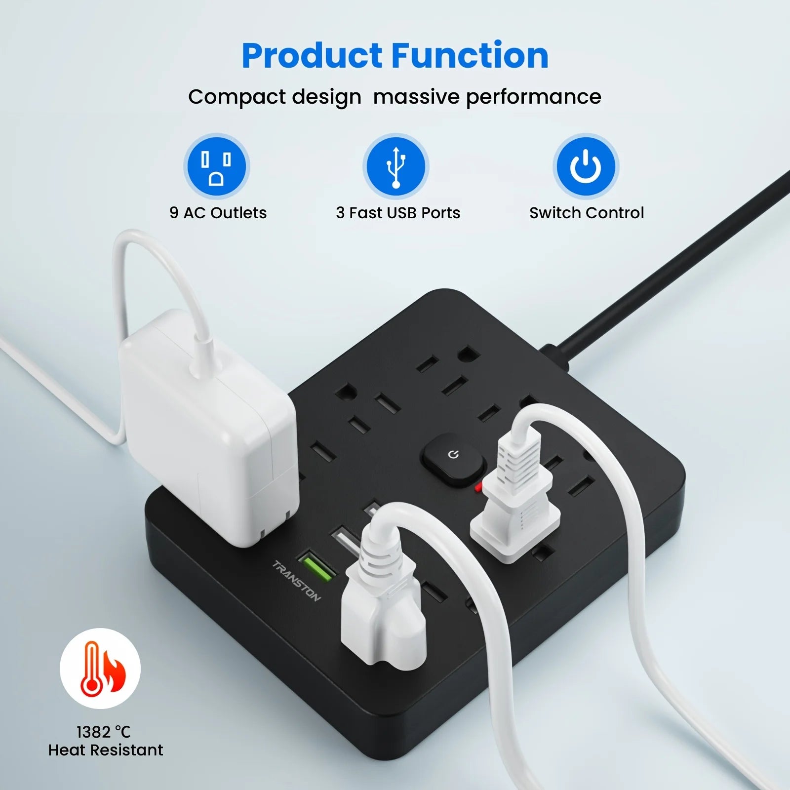 power strip Power Outlet with Surge Protector, 9 ac, 3 USB Ports, 5-Foot Extension Cord, Quick Charge, for Home and Office