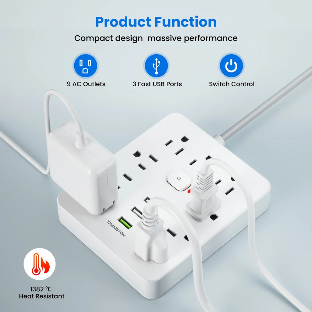 power strip Power Outlet with Surge Protector, 9 ac, 3 USB Ports, 5-Foot Extension Cord, Quick Charge, for Home and Office