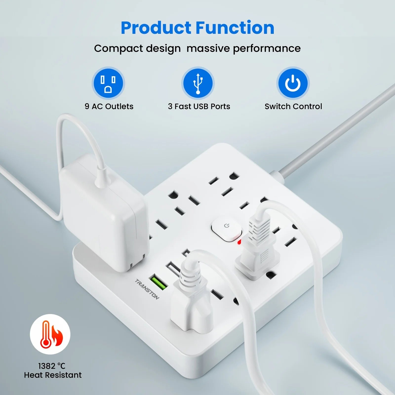 power strip Power Outlet with Surge Protector, 9 ac, 3 USB Ports, 5-Foot Extension Cord, Quick Charge, for Home and Office