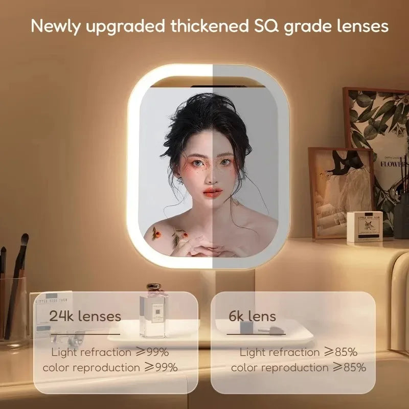 3 Colors LED Makeup Mirror with Light Dimmable Portable Desktop Mirror for Student Dorm Home Travel Gift