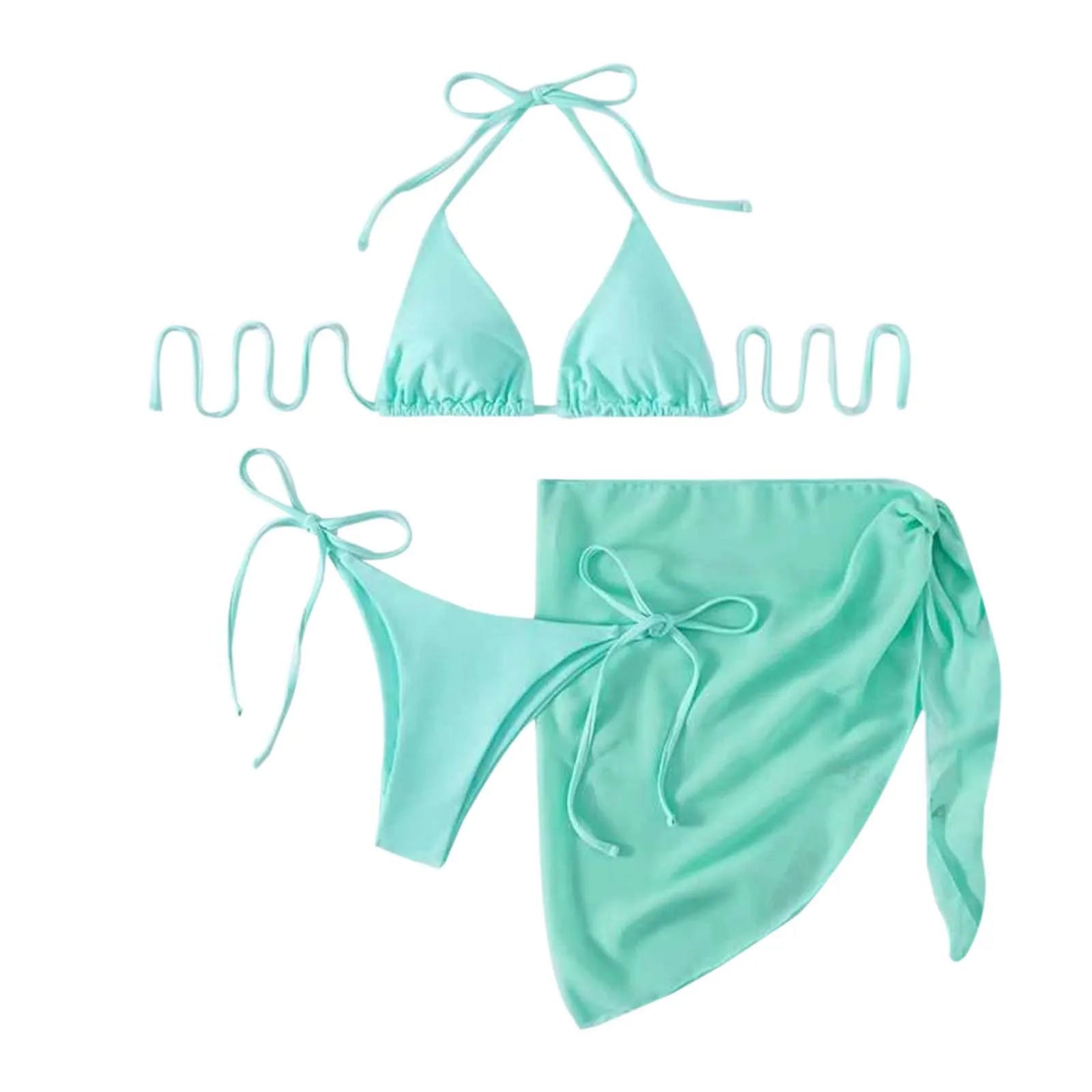 Women'S Solid Halter Backless Bikinis Set Sexy Triangle Cup Lace Up Bikini Top With Bottoms Swimsuit Cover Up 3 Piece Swimsuit