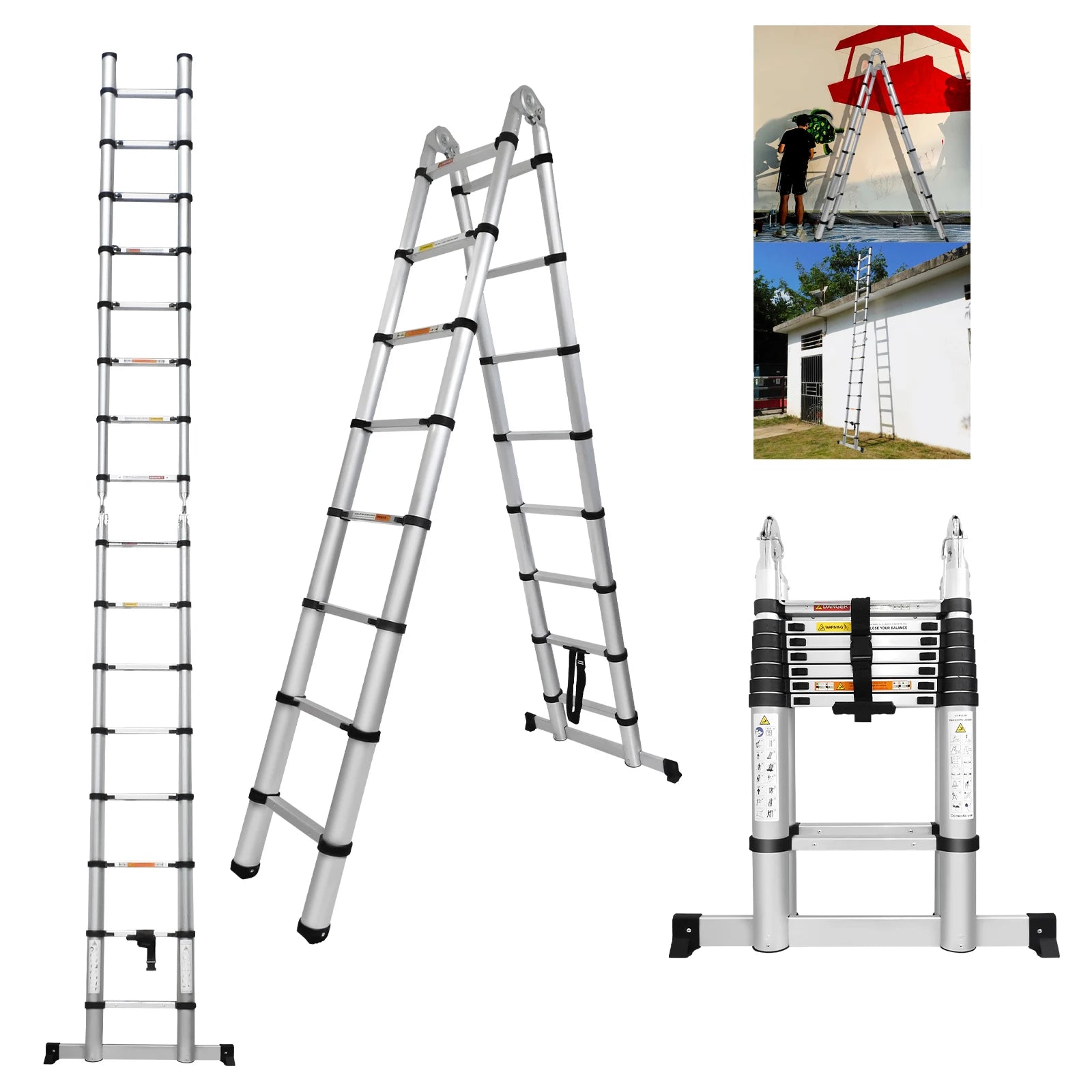 3.8M/5M Aluminium  Telescopic Ladder ,Heavy Duty Multi-Purpose A-Frame Sturdy Folding Ladder ,No-slip,150kg Load Capacity