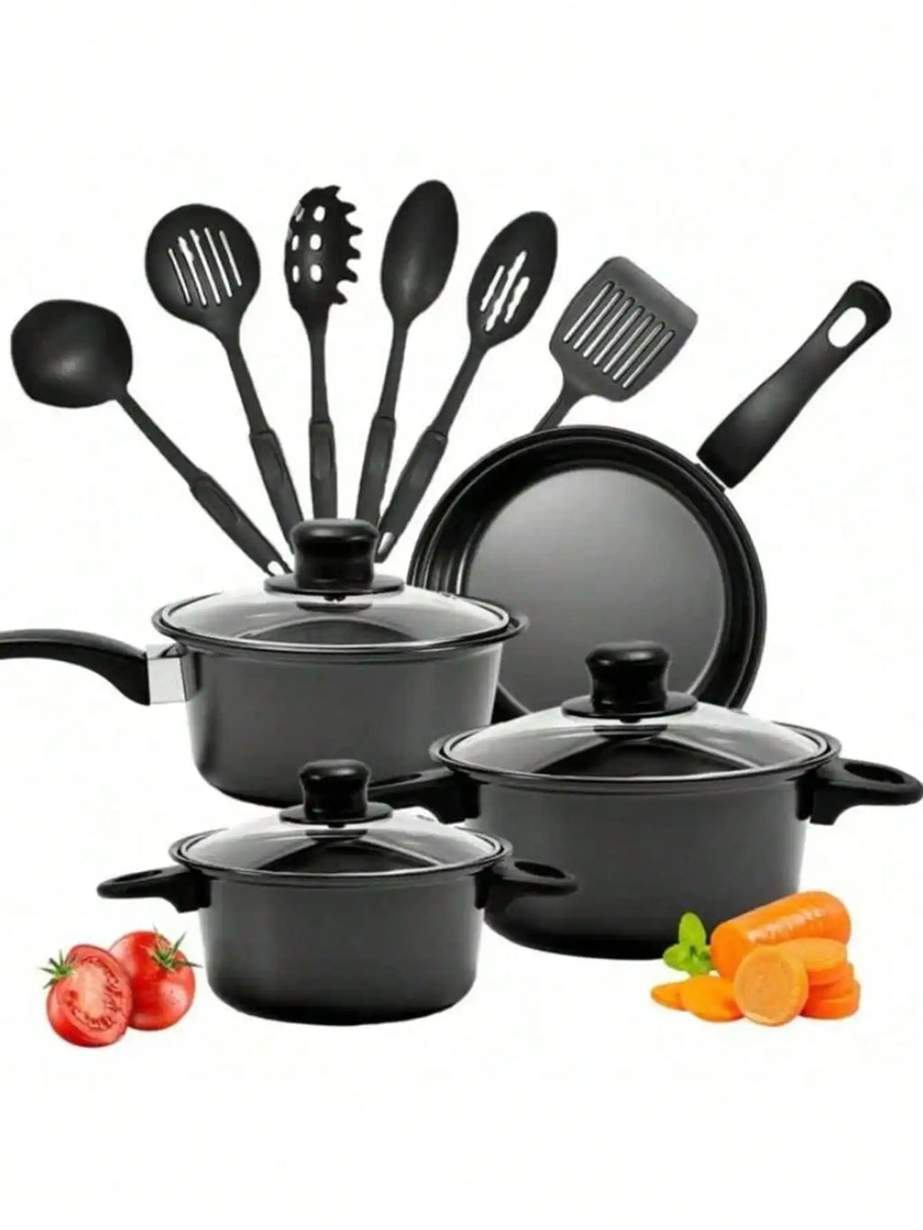 13 Piece Nonstick Kitchenware Set Induction Pots and Spoons Kit, Black Frying Pan & Milk Pot Perfect for Family Dinner & Camping