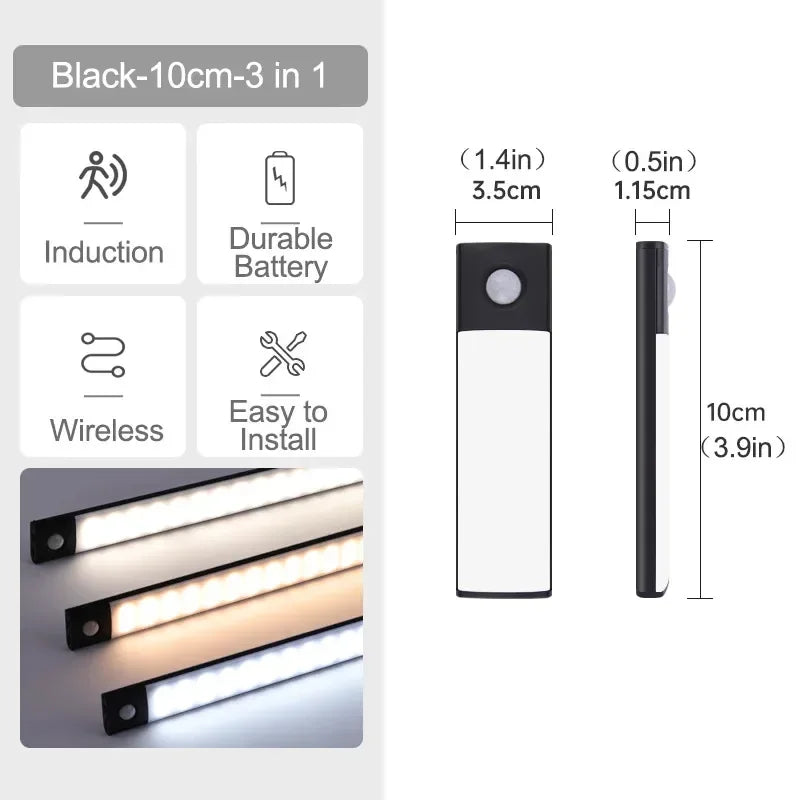 Motion Sensor Under Cabinet Wireless LED Light USB Rechargeable Ultra Thin 3-Color Dimmable Indoor Lighting For Closet Wardrobe