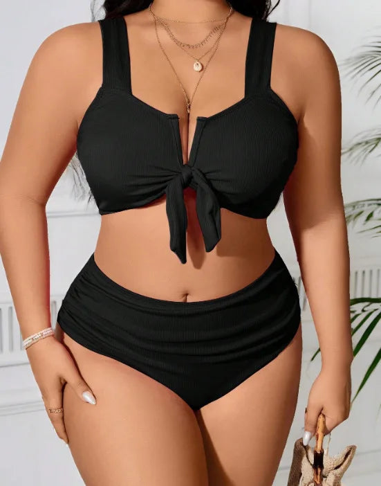 Women's Swimsuit 2025 Plus Size Ribbed Bikinis Sets Two Piece High Waist Black Tummy Control Bathing Suit Swimwear