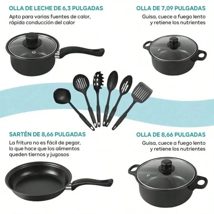 13 Piece Nonstick Kitchenware Set Induction Pots and Spoons Kit, Black Frying Pan & Milk Pot Perfect for Family Dinner & Camping