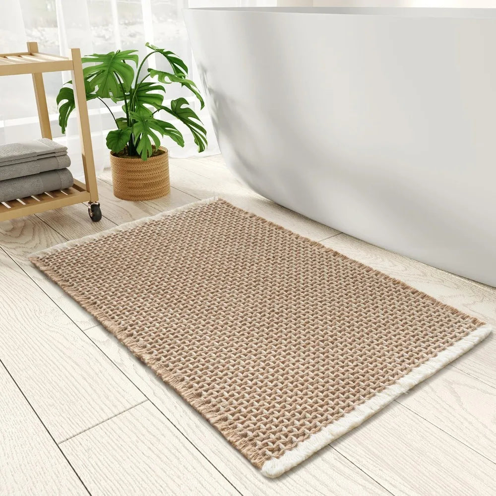 Checkered Bath Mat, Super Absorbent Non Slip Bath Mats for Bathroom Floor 3D Two Tone Woven Bathroom Mat with Tassels Machine W