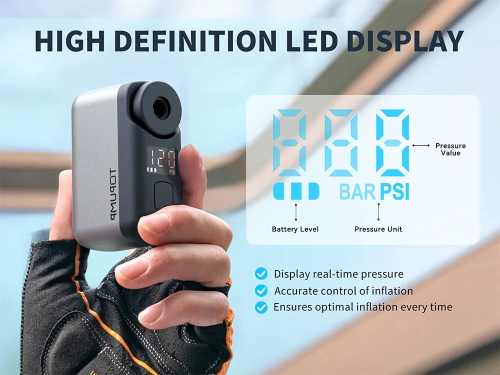 TOPUMP TB2 PRO Electric Mini Portable Pump for Bike Cordless Tire Inflator 120PSI Max 450mAh Battery with Display Fast Charging
