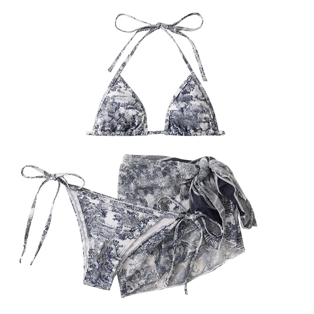 Tie Dye Women'S Tankini Swimwear Three Piece Bikini Set With Sheer Sunscreen Poncho Swimsuit 3pcs Summer Beachwear For Ladies
