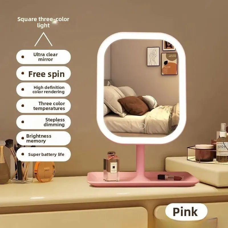 3 Colors LED Makeup Mirror with Light Dimmable Portable Desktop Mirror for Student Dorm Home Travel Gift