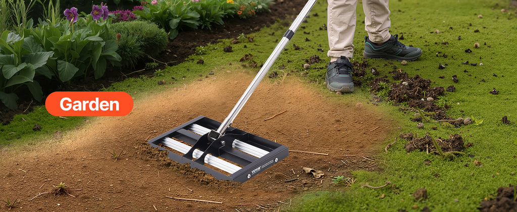 VEVOR Lawn Leveling Rake with Roller Stainless Steel Lawn Leveler with Adjustable Handle Effort Saving Lawn Level Tool for Yard