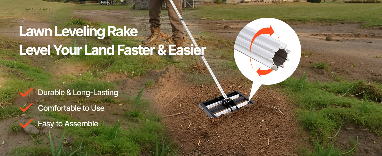 VEVOR Lawn Leveling Rake with Roller Stainless Steel Lawn Leveler with Adjustable Handle Effort Saving Lawn Level Tool for Yard